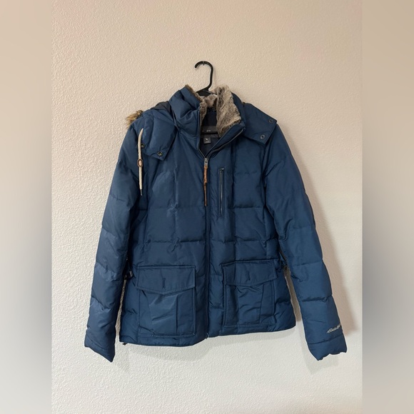 Eddie Bauer Women’s Large Blue Down Puffer Jacket Faux Fur Hood Winter Coat - Picture 2 of 6